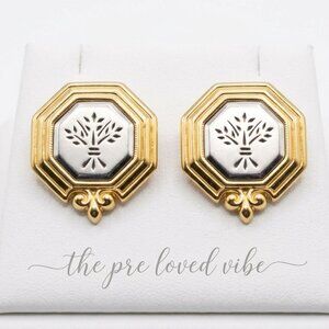 Avon Vintage Gold Silver Toned  Etched Flower Octagon Post Earrings